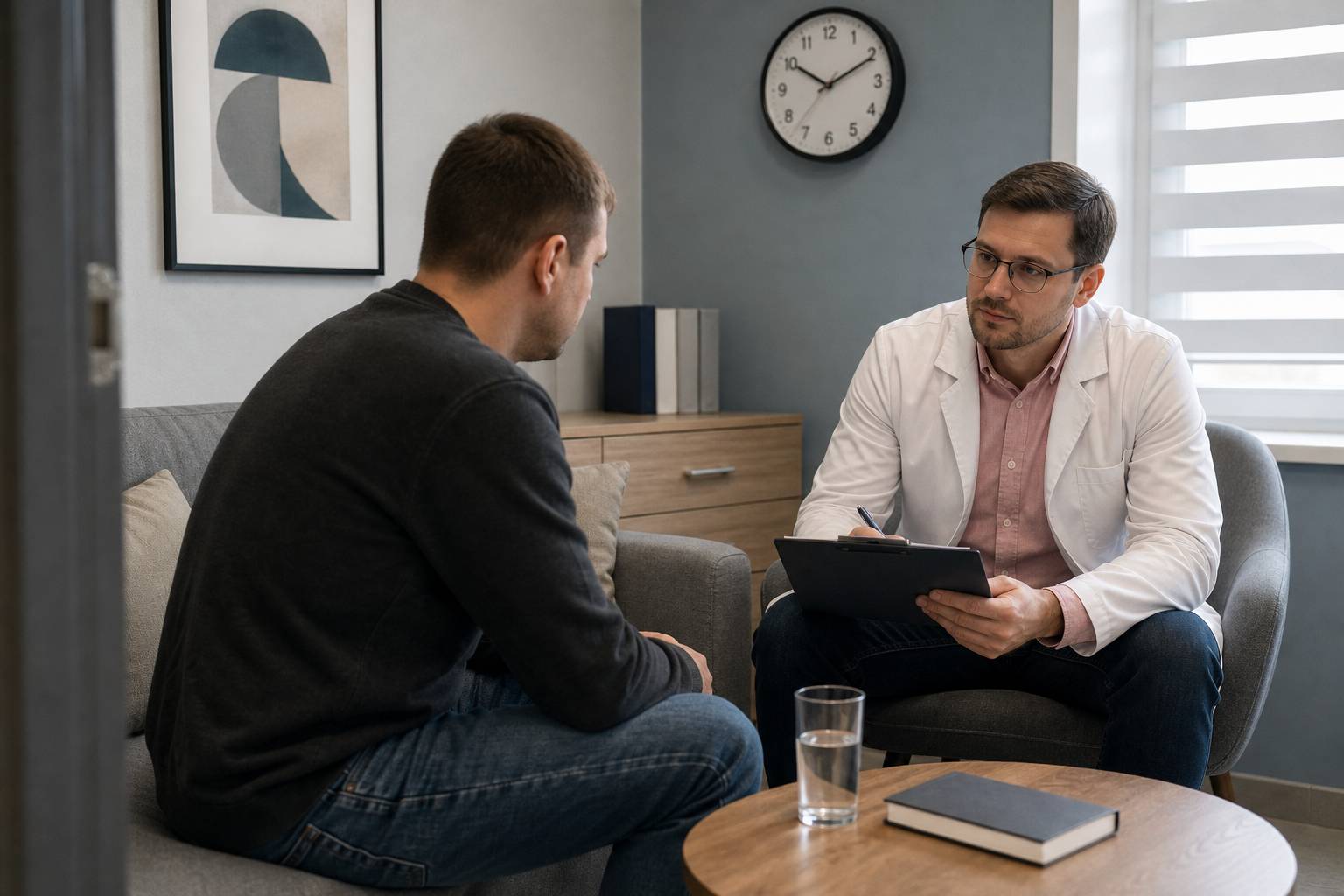 Психотерапевт беседует с пациентом в кабинете